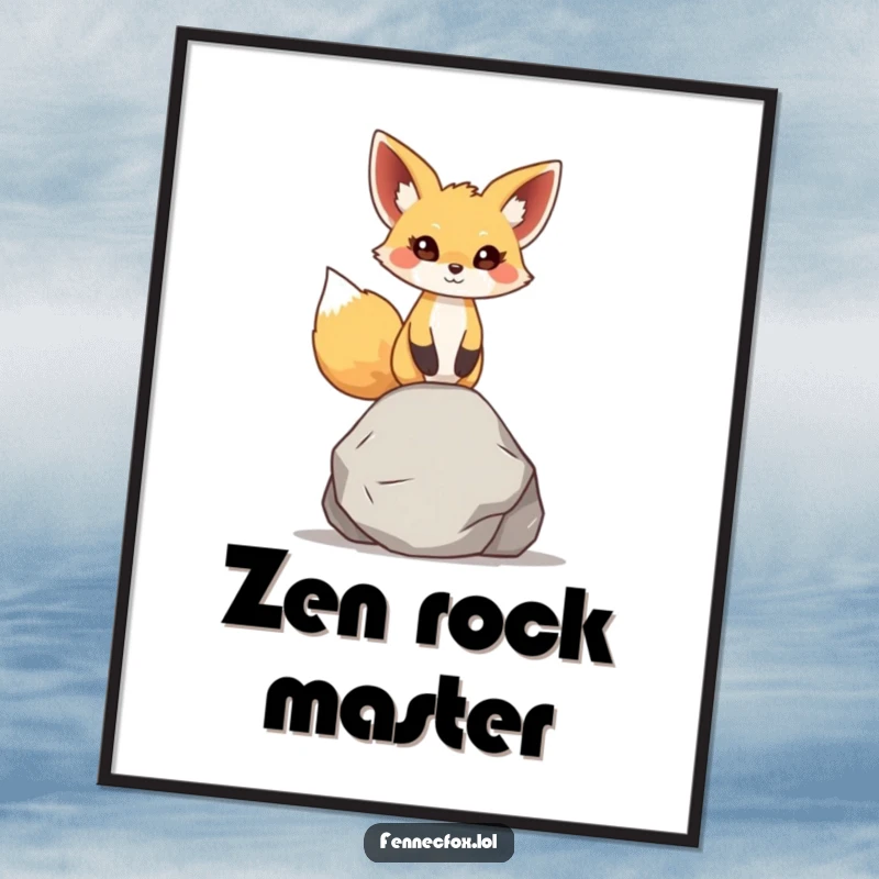 Funny fennec fox poster, character concentrating, balancing a small, smooth rock on its head, large ears alert, conveying perfect stillness.