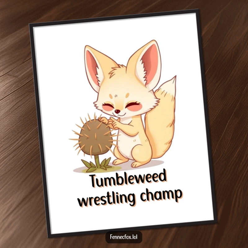 Funny Fennec Fox poster illustrating a cute fox playfully batting a tumbleweed in a vast desert setting.