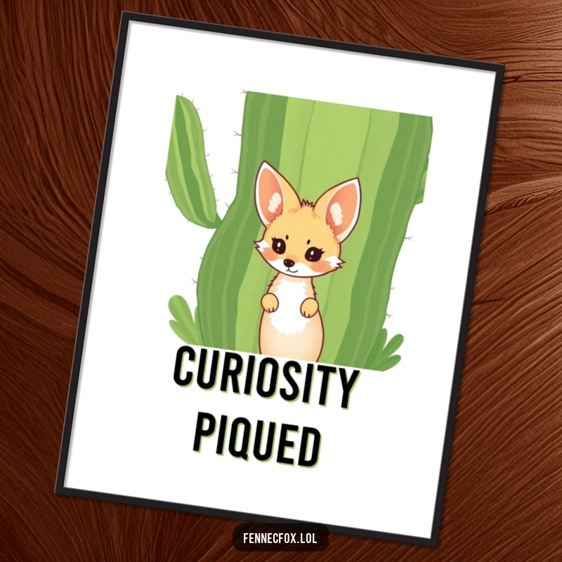 Funny Fennec Fox Poster depicting a curious fox with large ears peeking out from behind a giant desert cactus. Intriguing and humorous art.