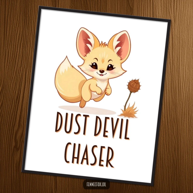 Funny Fennec Fox Poster: A smiling fennec fox energetically chases a rollicking tumbleweed, bringing desert-themed humor to your wall decor.
