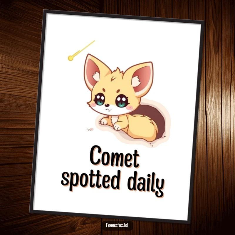 Funny Fennec Fox Comet Poster: An excited fennec fox peeks from its burrow, eyes wide with awe at a distant, glowing comet.