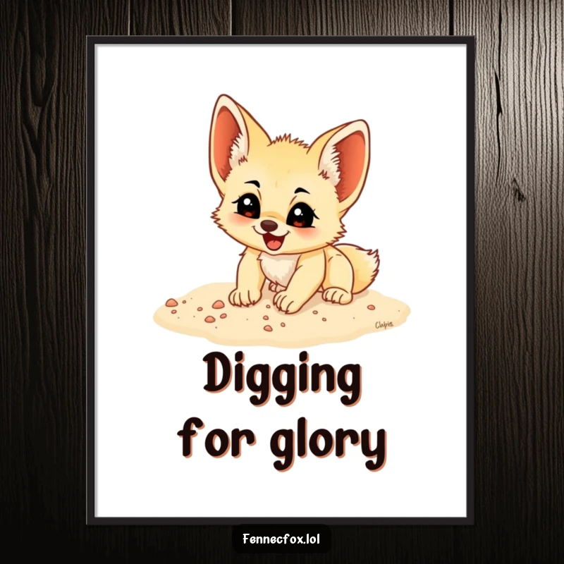 Funny fennec fox cub digging with excitement in soft sand, presented as a vibrant poster, adding a humorous touch to any wall.