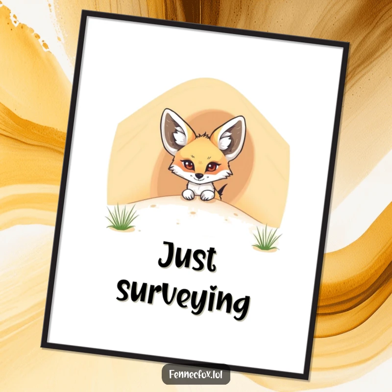 Funny fennec fox poster print of a cartoon desert fox with large ears curiously peeking over a vast sand dune. Humorous and cute.