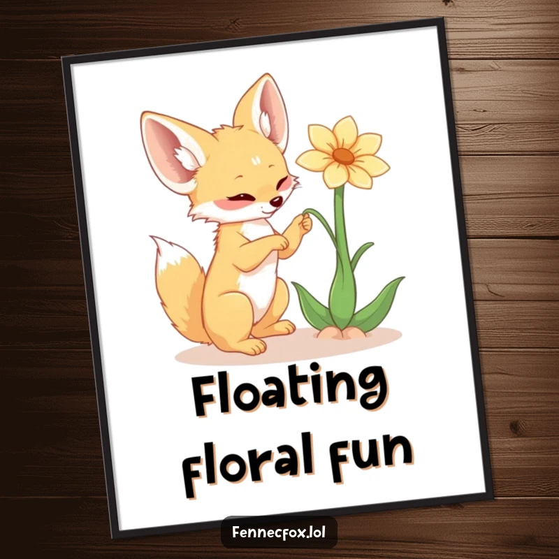 Funny fennec fox poster, large ears, playfully swatting at a single, elegant desert flower suspended mid-air, a scene of gentle amusement.