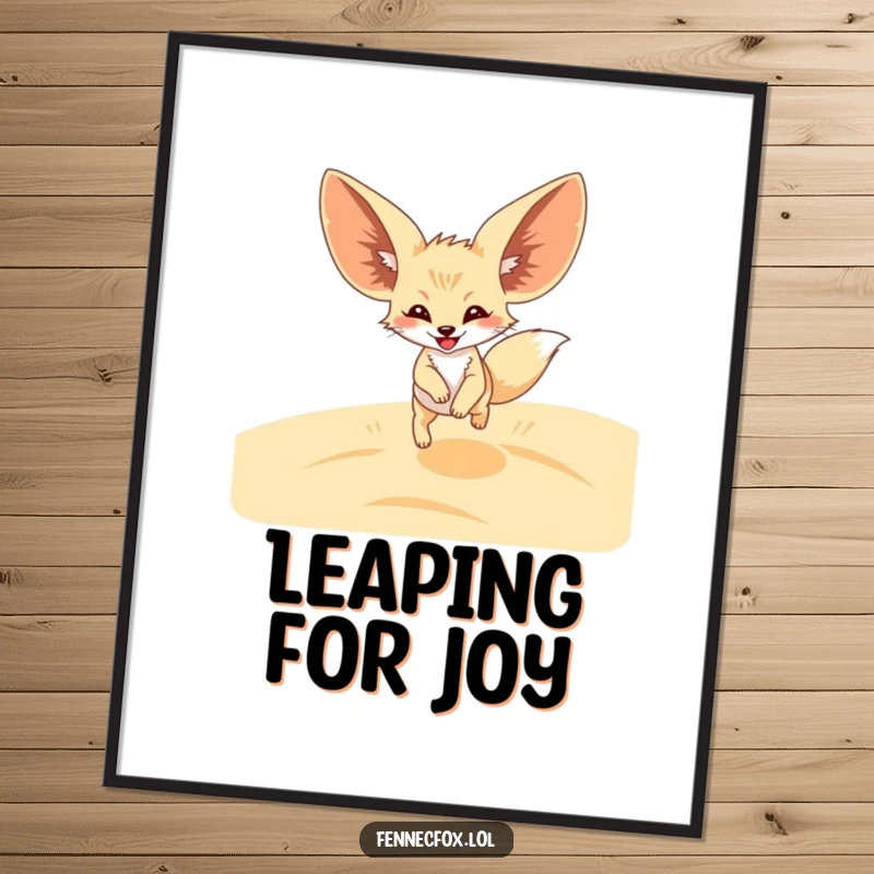 Funny Fennec Fox Poster featuring a delighted fox with enormous ears joyfully leaping high over sandy desert dunes. Vibrant and amusing art.