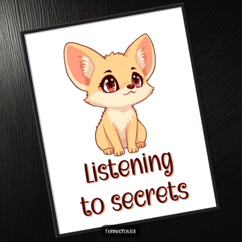 Funny fennec fox with wide eyes, alert ears, listening intently to a distant sound, humorous wall art.
