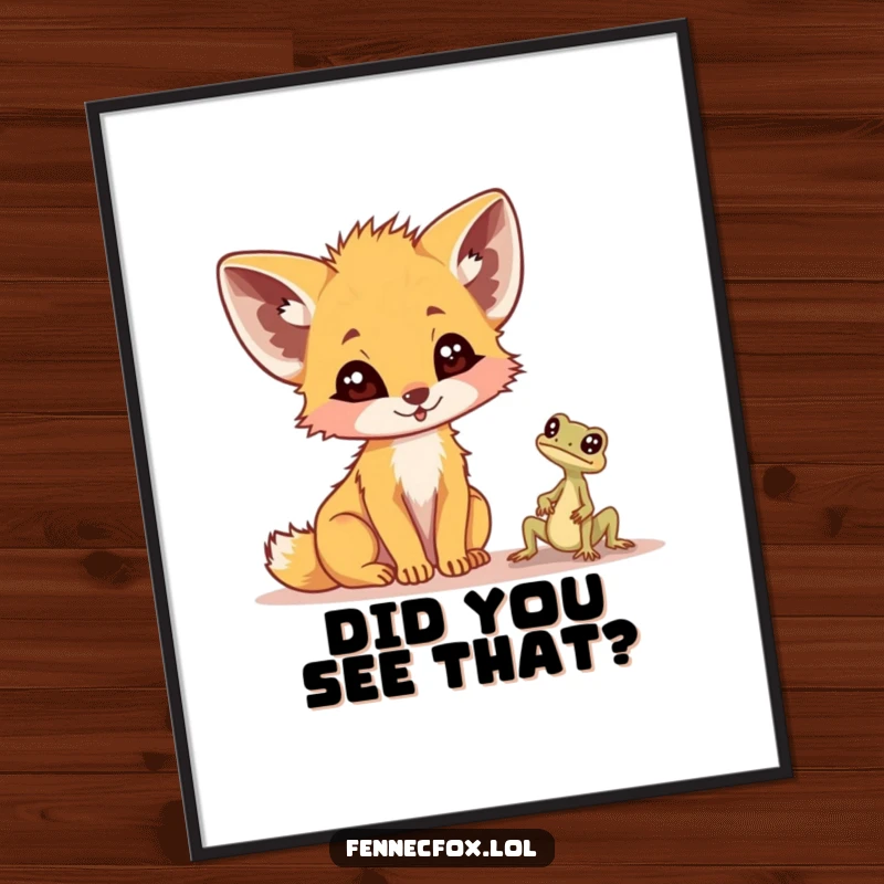 Funny fennec fox poster, illustration of a fennec fox looking utterly surprised by a small desert lizard, a moment of pure comedic delight.