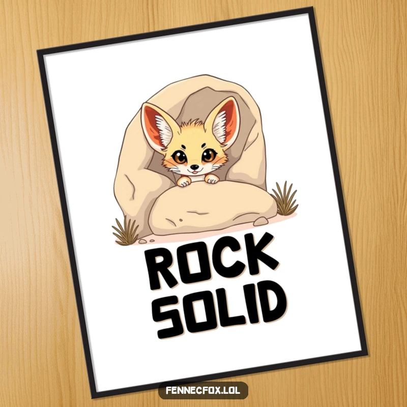 Funny Fennec Fox Poster: A fennec fox humorously peeks from behind a rock with big eyes, creating a funny and endearing display.