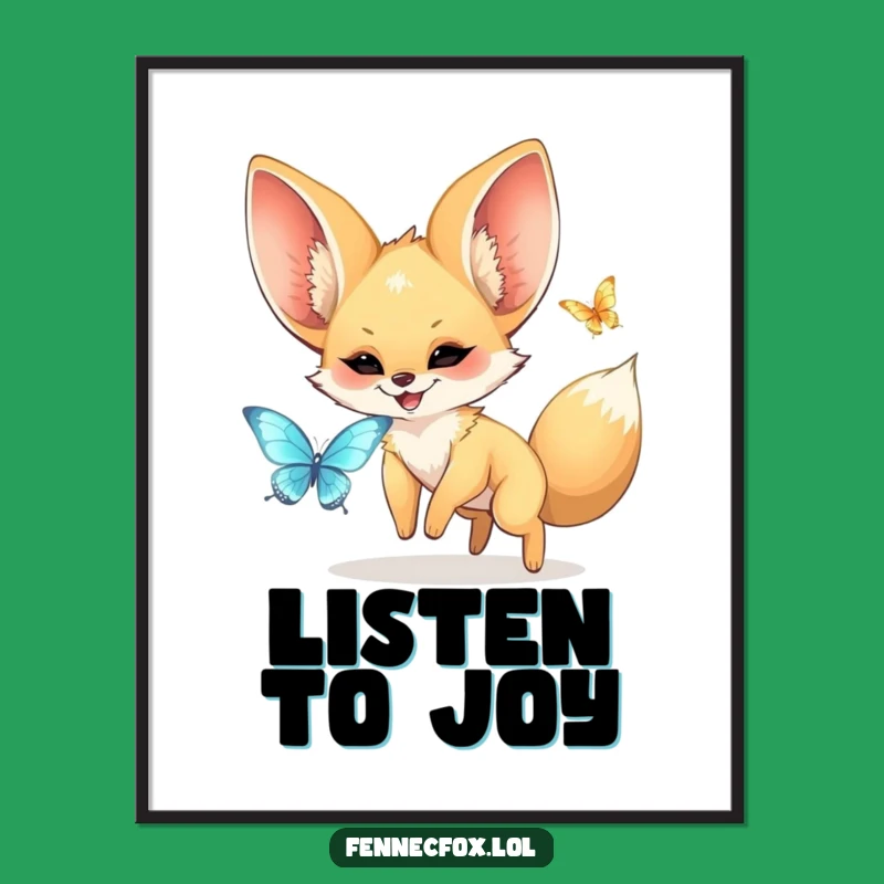 Funny Fennec Fox Poster: Adorable Kawaii Art of a Big-Eared Fox Chasing a Butterfly!