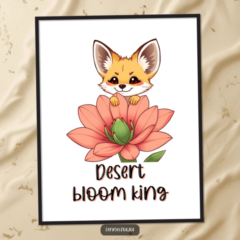 Funny fennec fox poster showing a curious fennec peeking over a large, colorful desert flower, perfect for adding charm to any wall.