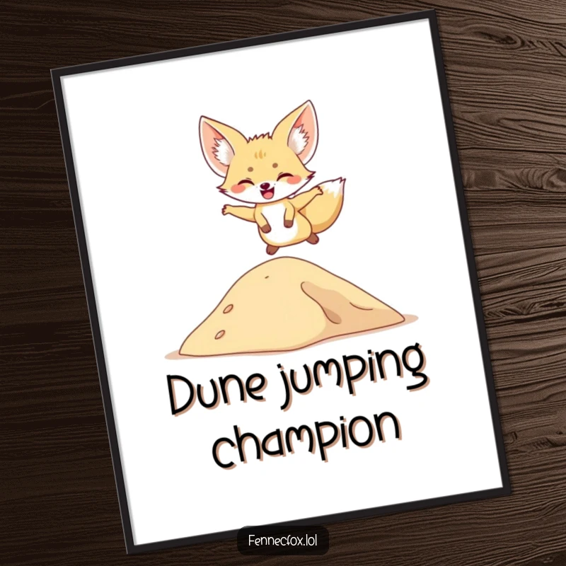 Funny poster art of a fennec fox in mid-air, joyfully bounding over a miniature sand dune, capturing pure happiness.