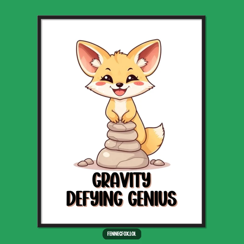 Funny Fennec Fox Stone Balance Poster: Smiling Fox Art - Whimsical Gift Decor