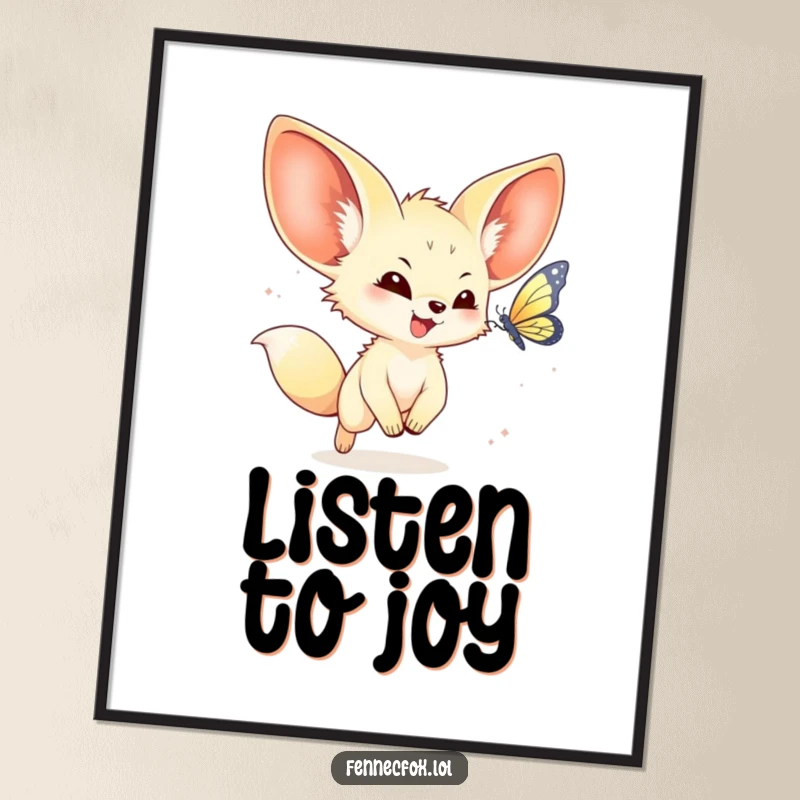 Funny kawaii fennec fox art poster showing a joyful fennec fox with big ears chasing a butterfly, adding adorable humor.