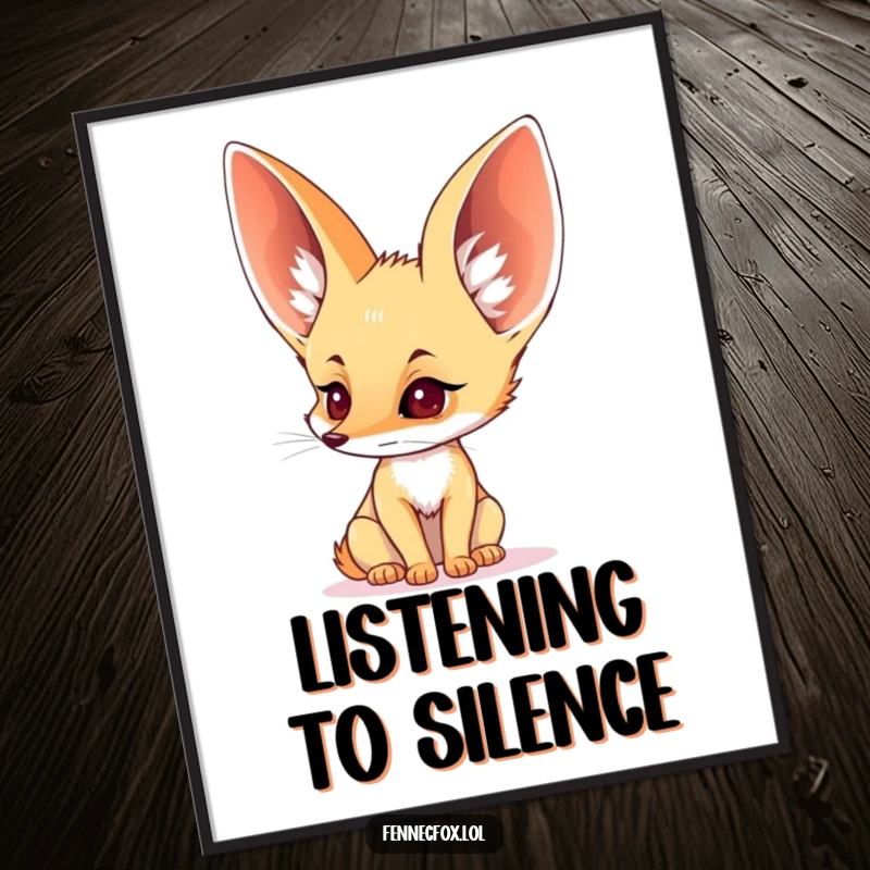 Funny poster art of a fennec fox with enormous ears attentively listening to a faint, distant sound.