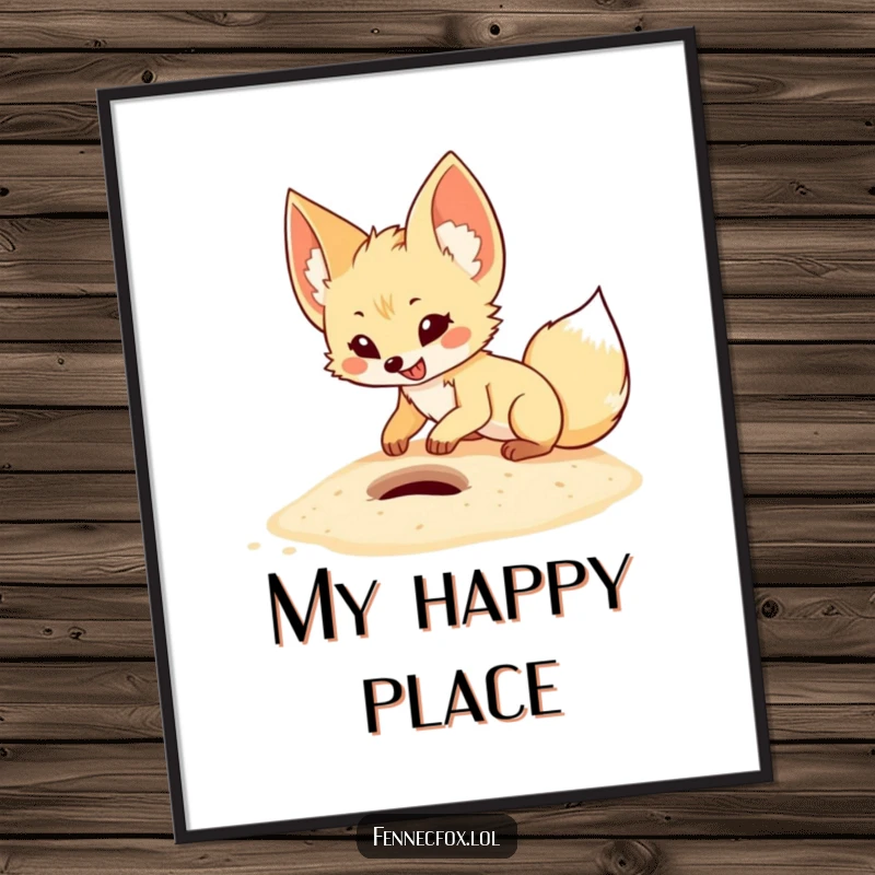 Funny fennec fox poster print of a cartoon desert fox excitedly digging a small hole in sand with a look of pure joy.