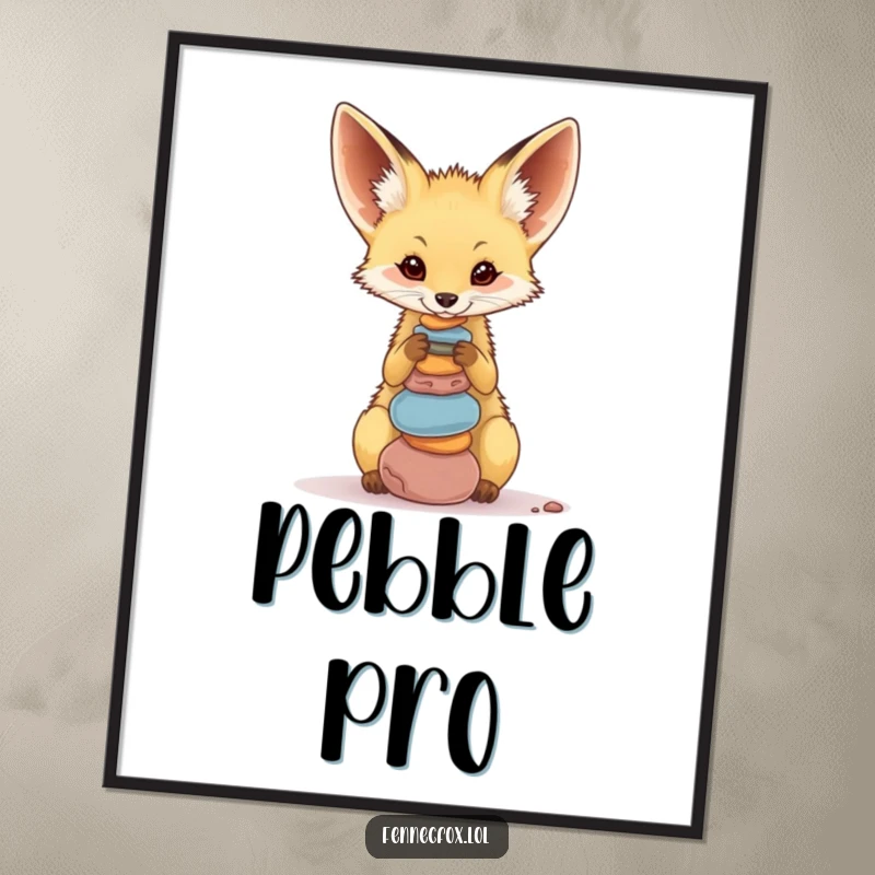 Funny Fennec Fox Poster depicting a cute desert fox precariously balancing a small stack of colorful pebbles on its nose.