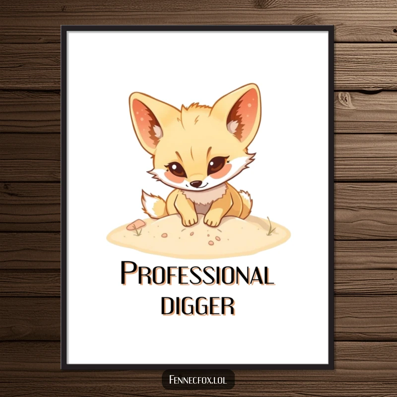 Funny Fennec fox poster depicting a cute character with big ears, joyfully digging in soft sand, creating a cheerful wall decoration.