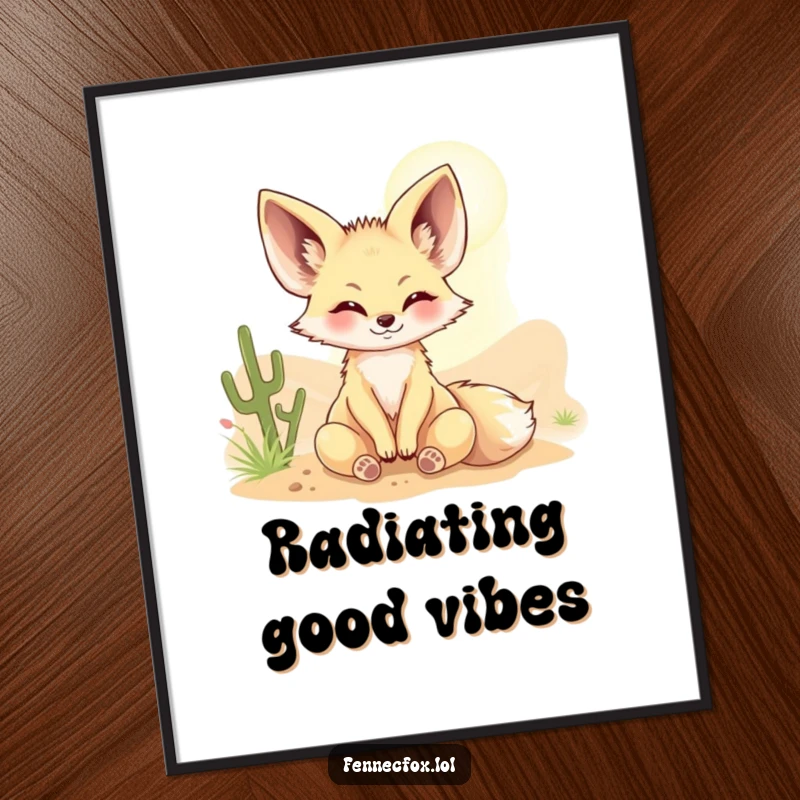Funny Fennec fox poster depicting a character happily basking in a warm desert sunbeam, creating a serene and humorous atmosphere.