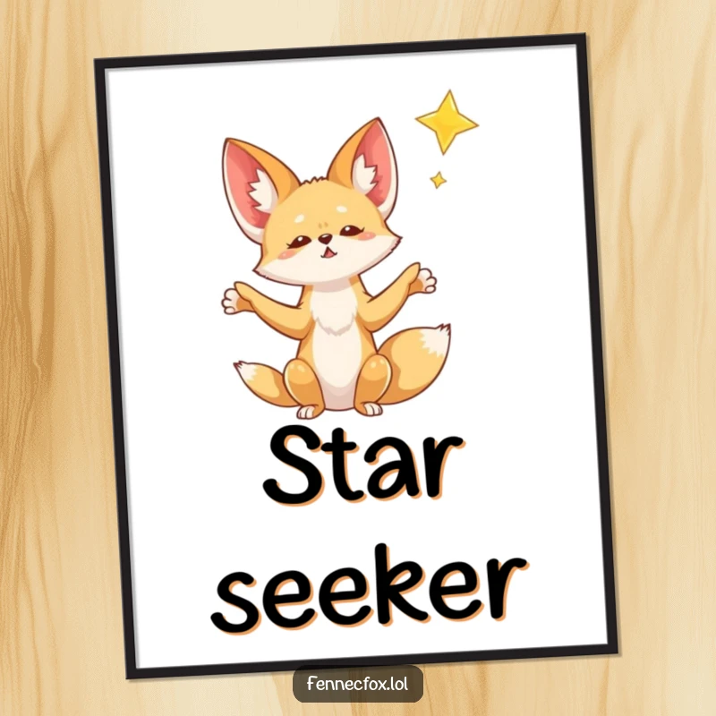 Funny Fennec Fox Poster: A fennec fox with open paws reaches for a glittering falling star, inspiring magical humor on your walls.