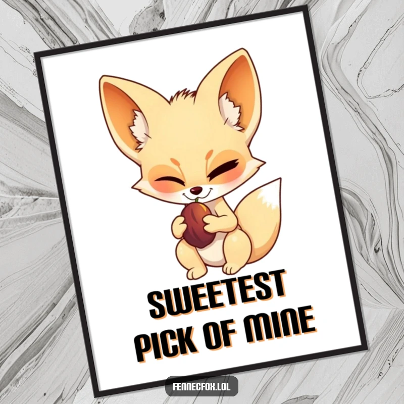 Funny fennec fox poster, illustration of a fennec fox winking with a date fruit in its paw, exuding playful confidence and desert allure.