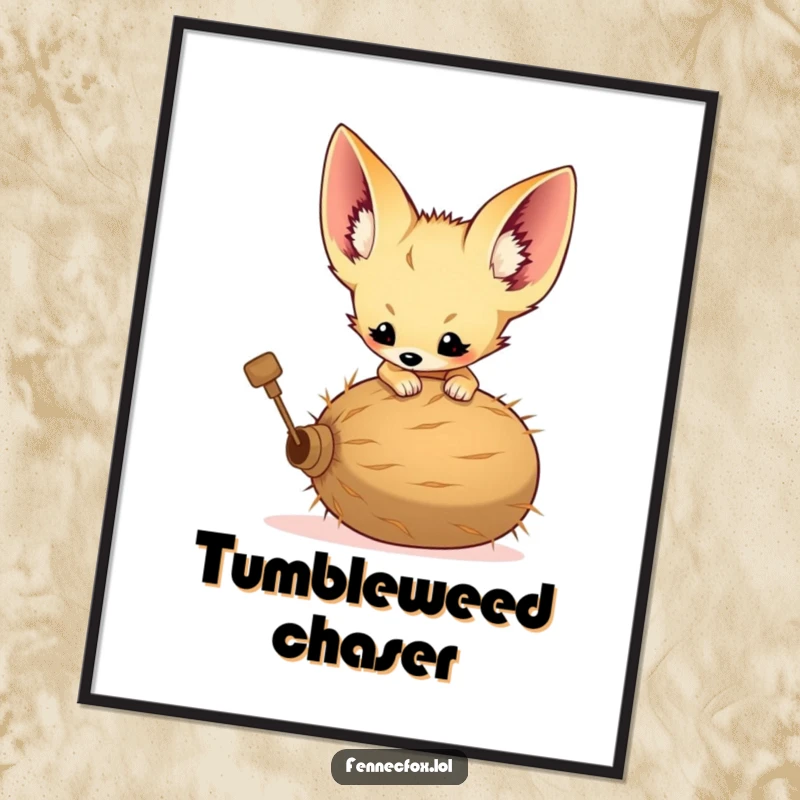 Funny poster artwork of a fennec fox kit with comically huge ears playfully attacking a rolling tumbleweed.