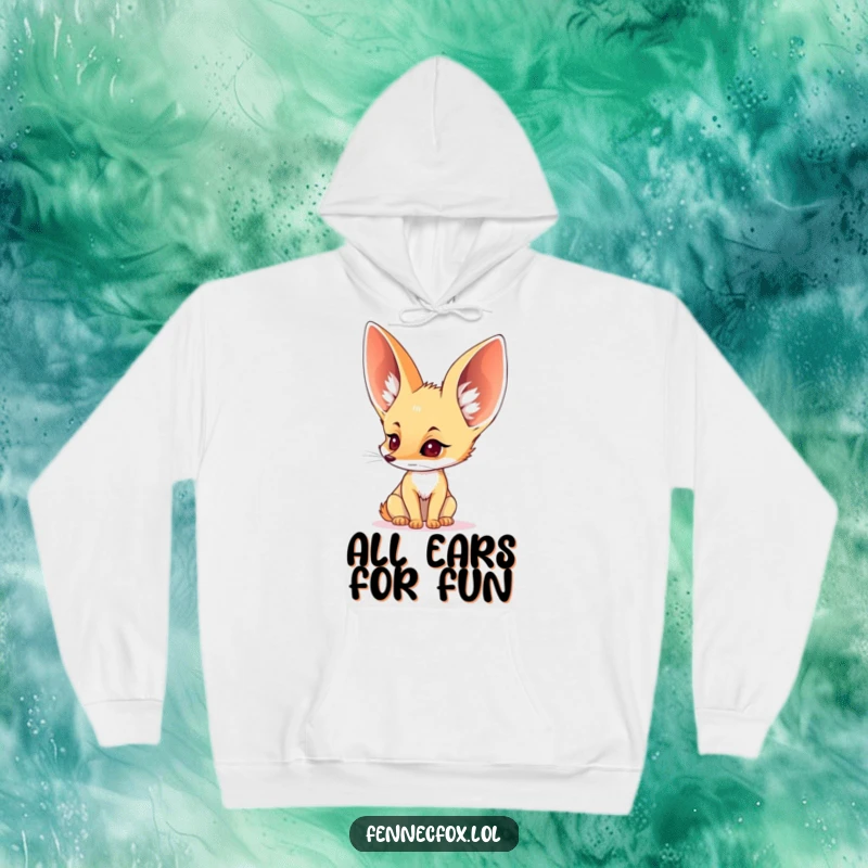 Funny, cozy hoodie featuring a fennec fox with enormous ears listening intently to distant sounds.