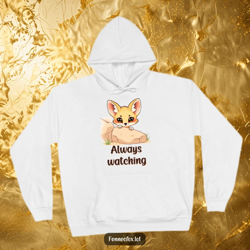 Funny fennec fox peeking from behind a desert rock, on a cozy hoodie, bringing warmth and humor to the wearer.