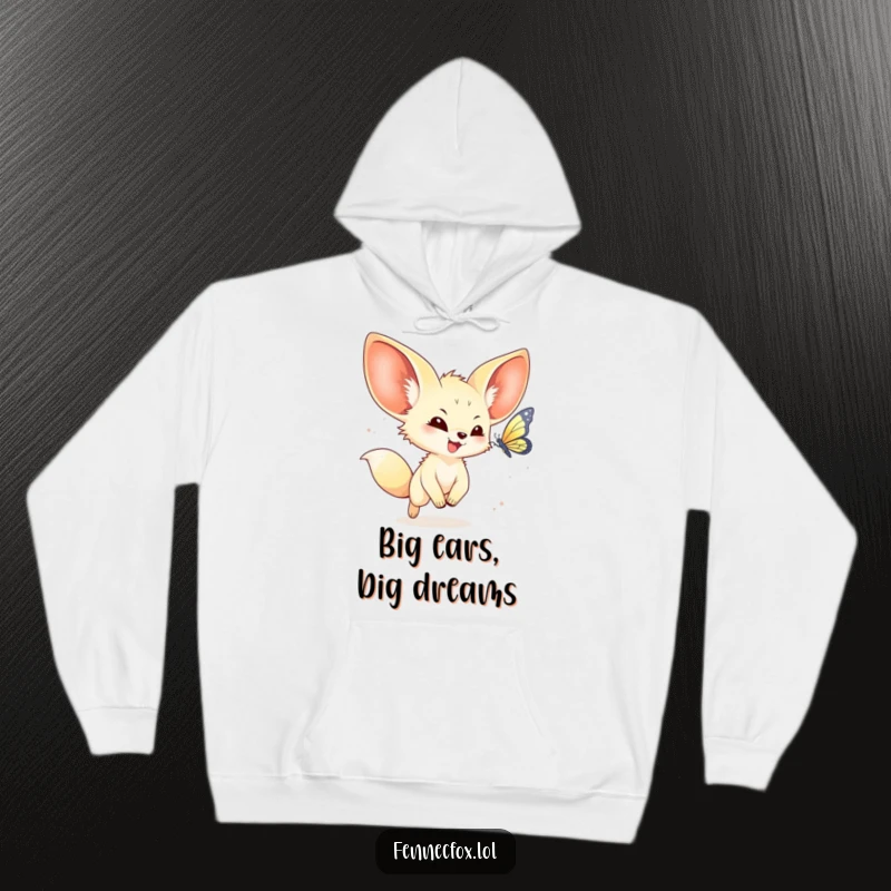 Funny kawaii fennec fox hoodie featuring a joyful fennec fox with large ears chasing a butterfly, offering warmth and cuteness.