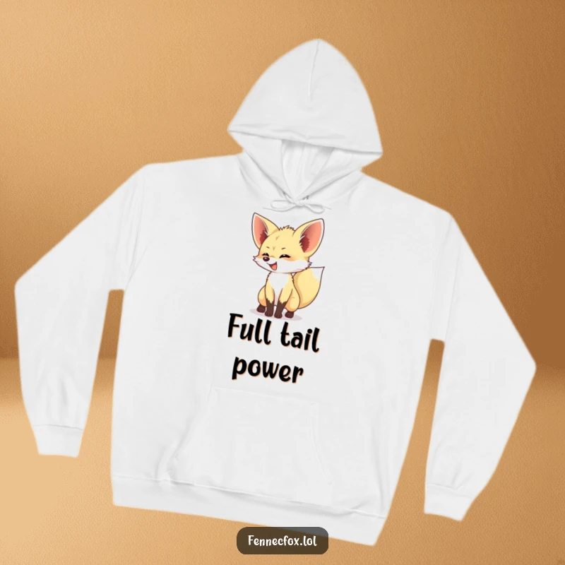 Funny Fennec Fox Hoodie featuring a fennec fox joyfully wagging its bushy tail, perfect for cozying up with a smile.