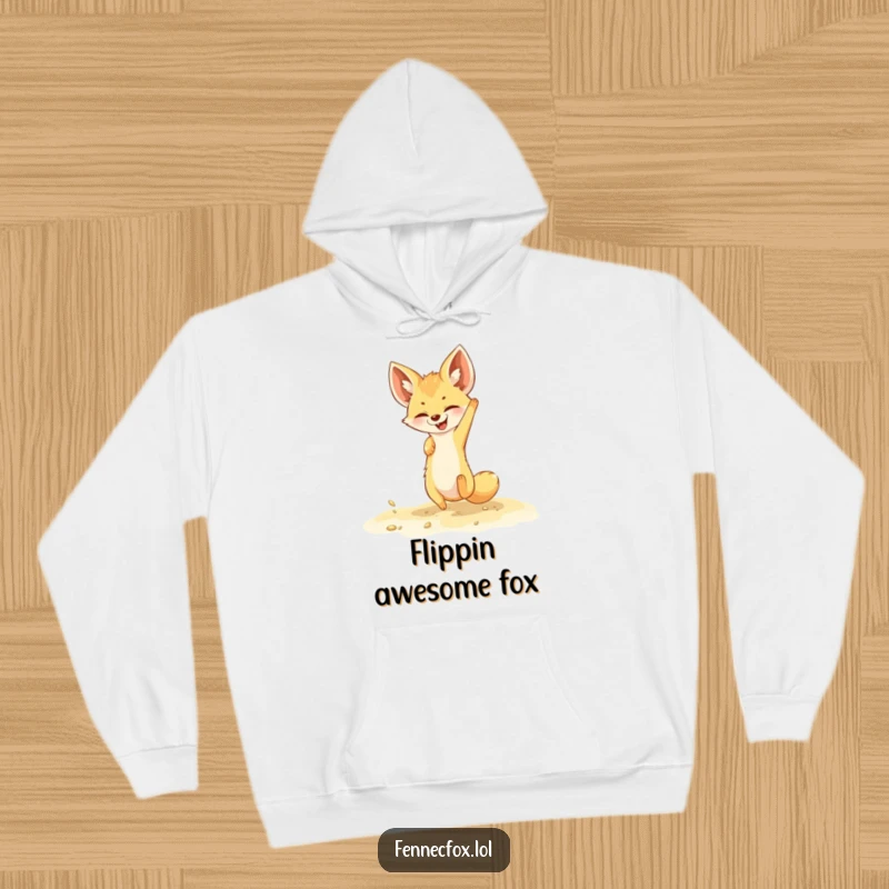 Funny fennec fox hoodie featuring a joyful character doing a somersault in golden sand, perfect for cozy and playful wear.