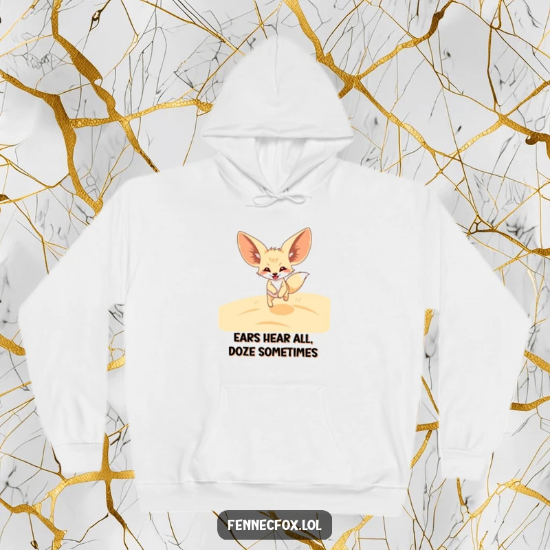 Funny Fennec Fox Hoodie depicting a joyful fox with massive ears mid-leap over sandy desert dunes, expressing unbridled happiness.