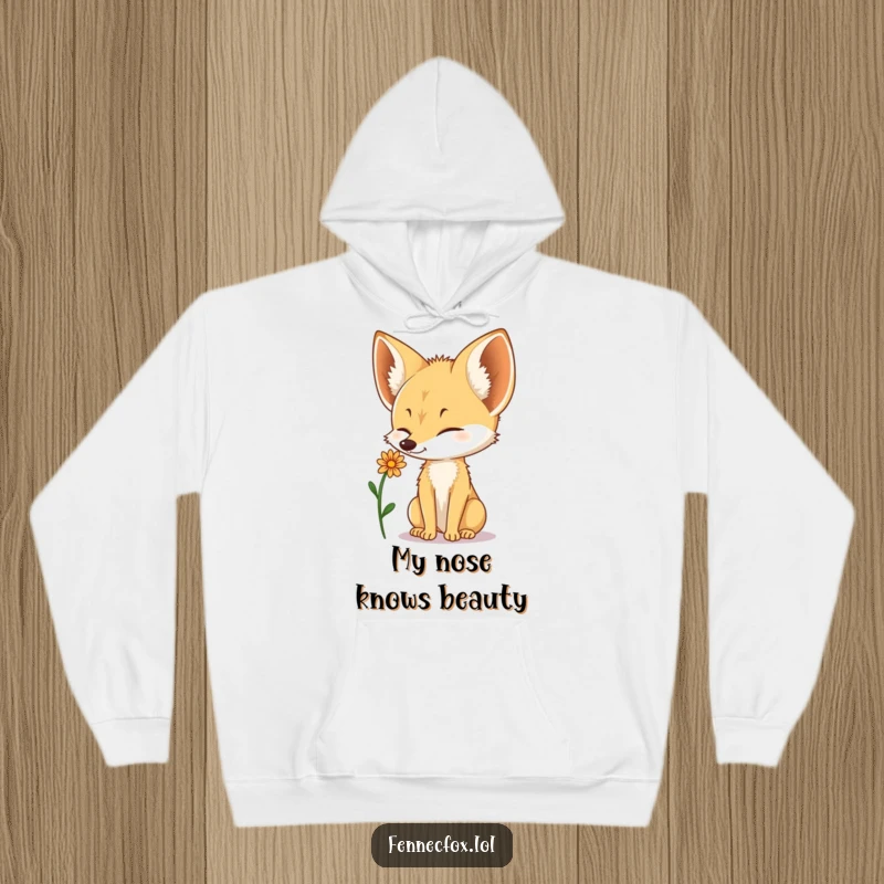 Funny Fennec Fox hoodie featuring a cute fox balancing a small desert flower on its nose, perfect for cozy wear.