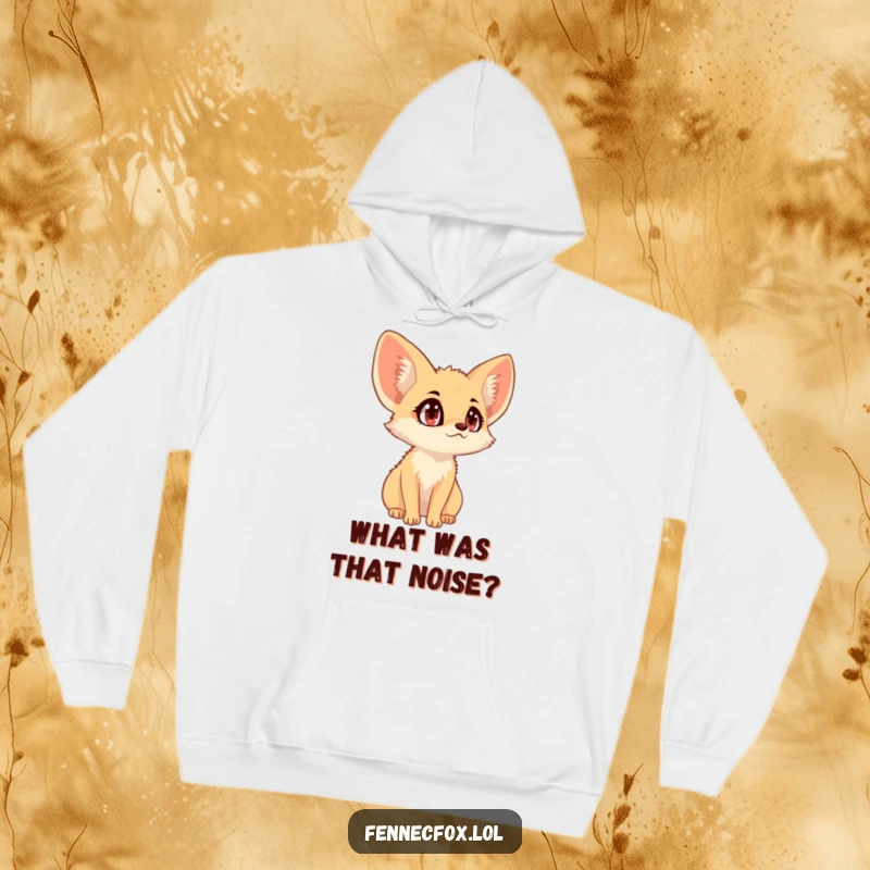 Funny fennec fox with wide eyes and large ears, intently listening, humorous cozy hoodie.