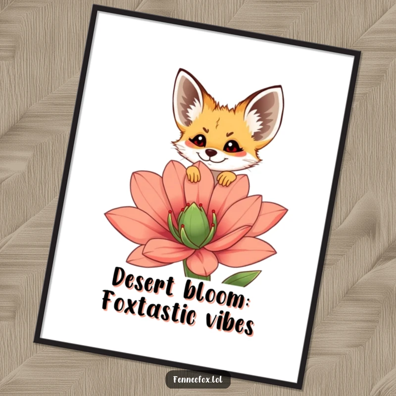 Funny Free Printable Wall Art: A cheerful fennec fox curiously peeking over a huge, colorful desert flower.