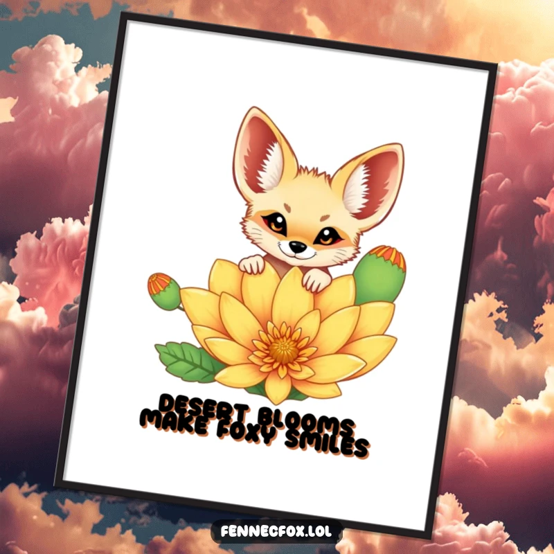 Funny Free Printable Wall Art of a cheerful fennec fox peeking curiously over a huge, brightly colored desert flower.