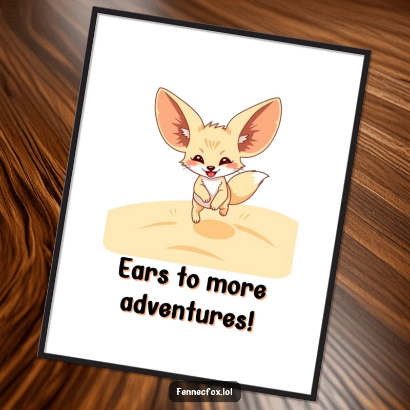 Funny Free Printable Wall Art: A joyful fennec fox with enormous ears leaps exuberantly across vast, sunny sand dunes.