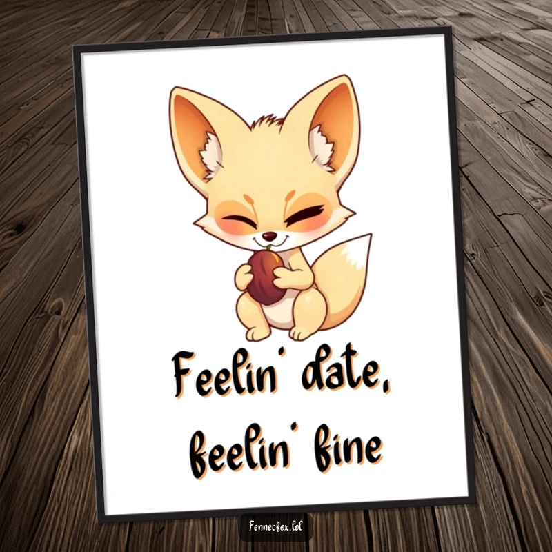Funny Free Printable Wall Art: A fennec fox giving a confident wink while holding a date fruit, adding humor and style. Downloadable.