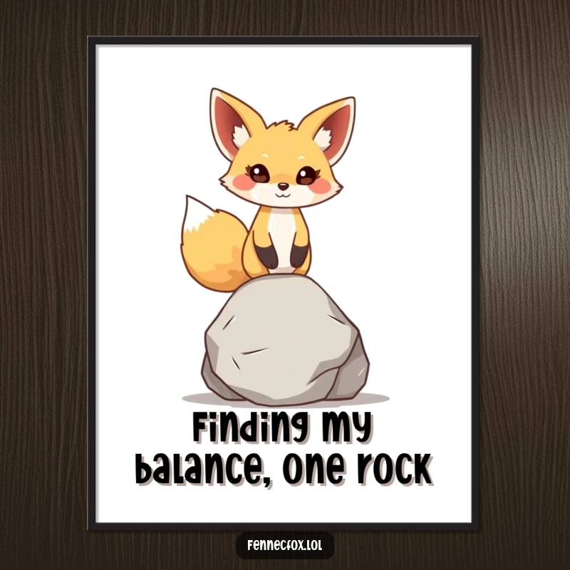 Funny Free Printable Wall Art: Fennec fox character balancing a small, smooth rock, depicted with focus and gentle humor.