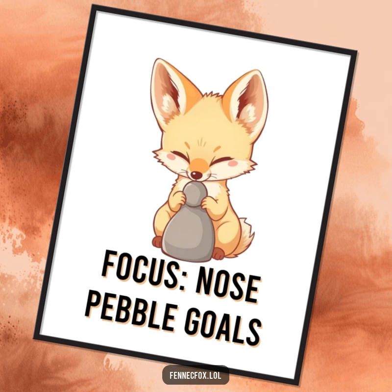 Funny Free Printable Wall Art: A fennec fox showcasing remarkable balance by holding a small pebble on its nose, looking proud.