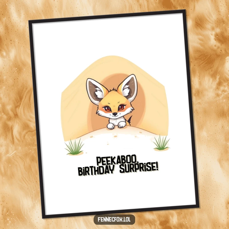 Funny Free Printable Wall Art: A curious fennec fox with oversized ears peering out playfully from behind a massive desert sand dune.