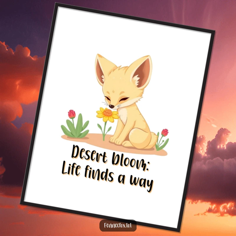 Funny Free Printable Fennec Fox Wall Art, a curious desert fox sniffing a tiny flower, adding quirky charm to any room.