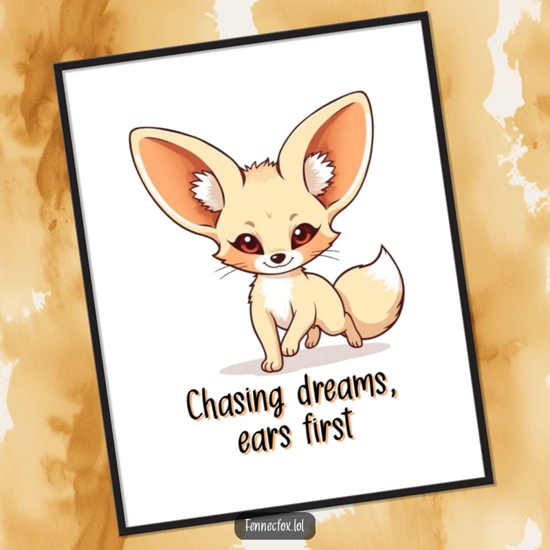Funny Free Printable Wall Art: A cartoon fennec fox with comically large ears energetically chasing its own tail in a circle.