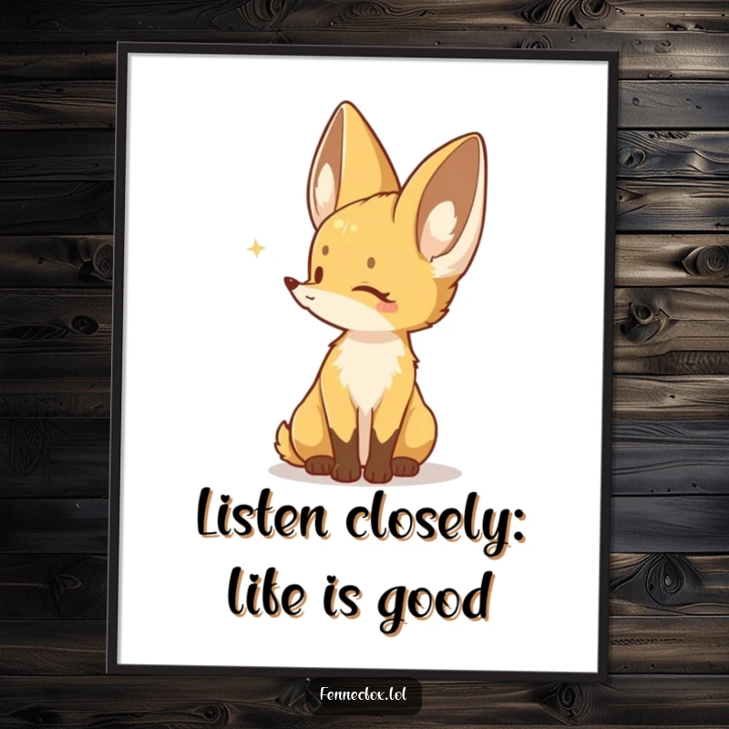 Funny Free Printable Wall Art: A Fennec fox character listening intently to a distant sound, bringing curious humor home.