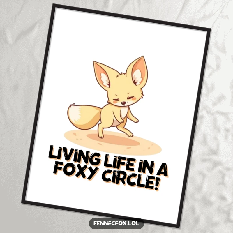 Funny Free Printable Wall Art: A fennec fox happily chases its tail in a sandy circle, creating whimsical decor.