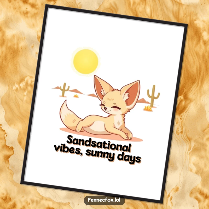 Funny Free Printable Wall Art: A cute fennec fox stretches luxuriously under the bright desert sun, radiating pure relaxation and joy.