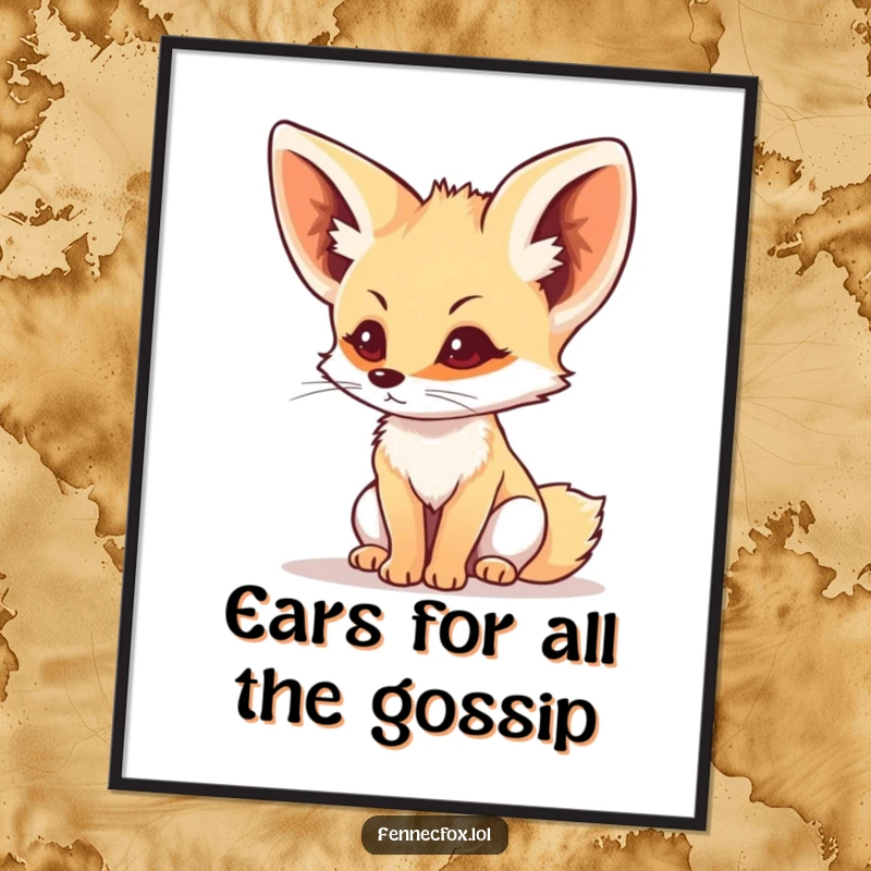 Funny Free Printable Wall Art: Fennec fox with prominent ears perked up, listening intently, bringing calm energy, a downloadable gift.