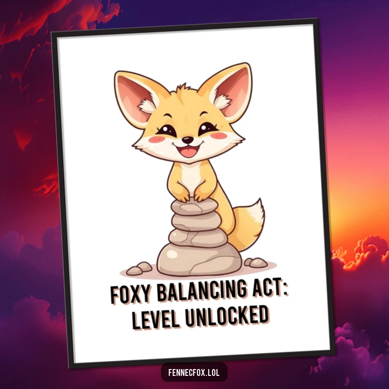 Funny Free Printable Wall Art: A fennec fox with a massive grin balancing a precarious, wobbly tower of desert stones.