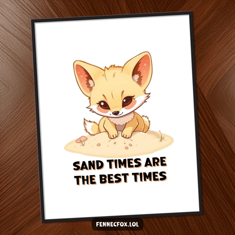 Funny Free Printable wall art of a fennec fox digging energetically in soft desert sand, adding a playful vibe.
