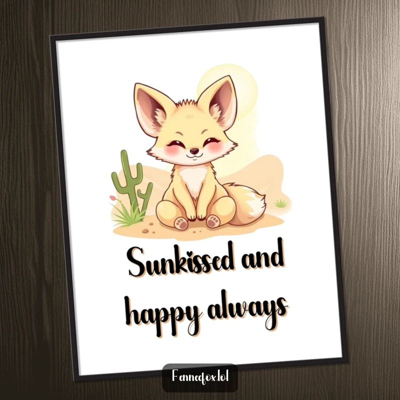 Funny Free Printable wall art of a fennec fox happily basking in a warm desert sunbeam, exuding peace and warmth.