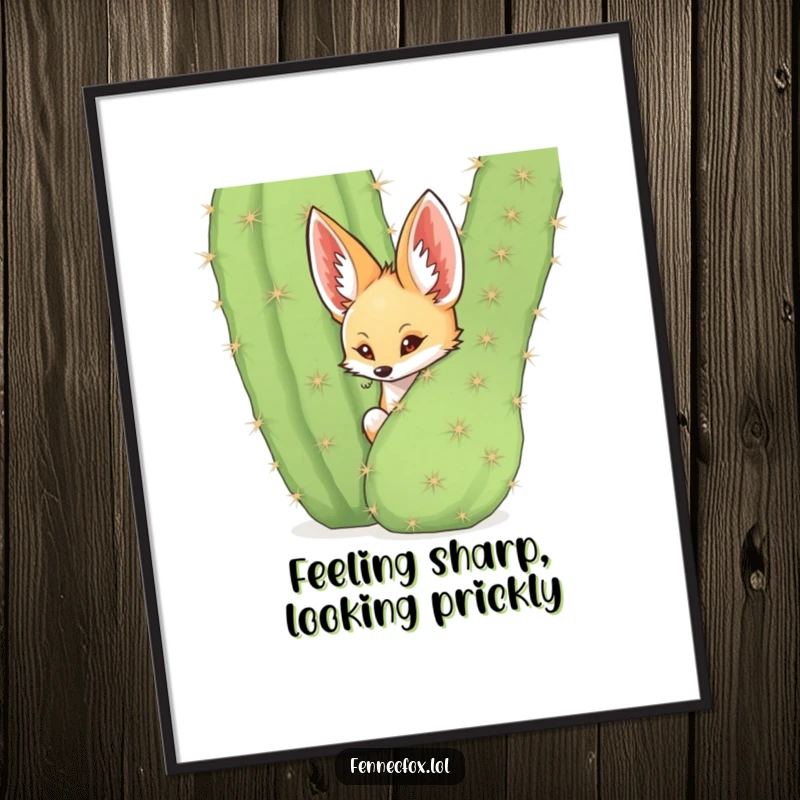 Funny Free Printable Fennec Fox Wall Art featuring a shy fox popping out from behind a giant, vibrant cactus.